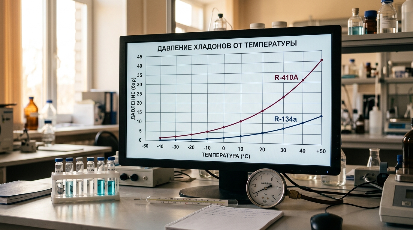 График изменения давления современных хладонов в зависимости от температуры