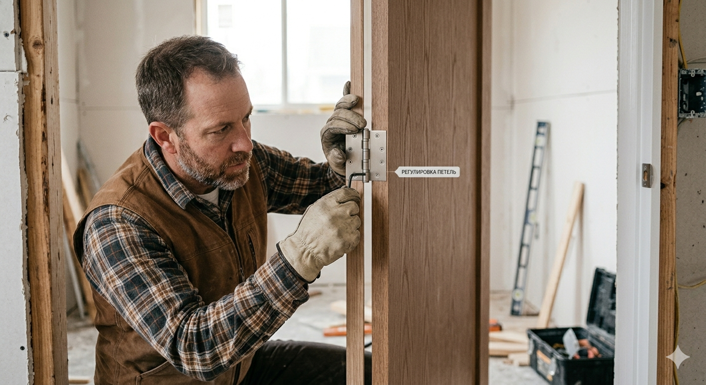 Навешивание дверного полотна на петли в установленной коробке