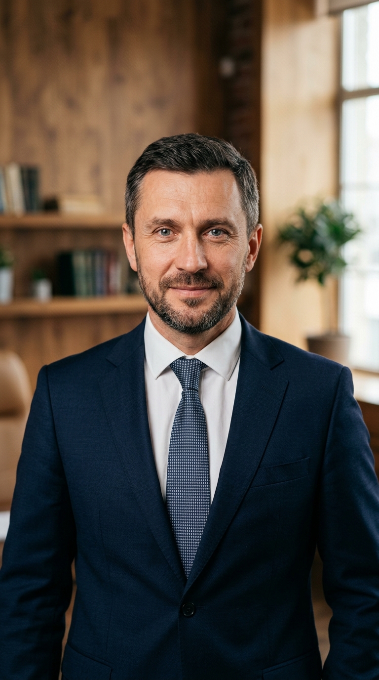 Реалистичный профессиональный портрет (лицо). Человек: Андрей Костин. Деловой стиль, студийный свет, уютная обстановка.