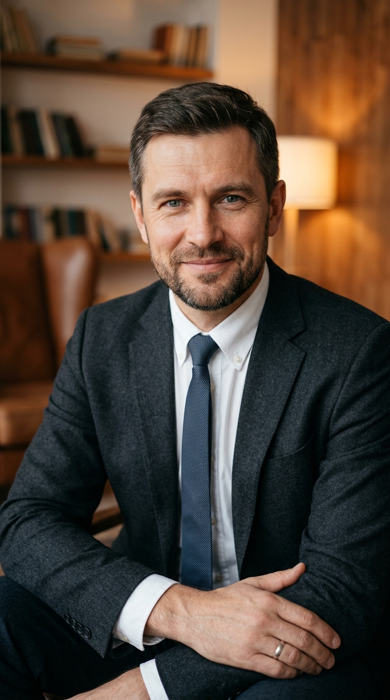 Реалистичный профессиональный портрет (лицо). Человек: Андрей Козлов. Деловой стиль, студийный свет, уютная обстановка.