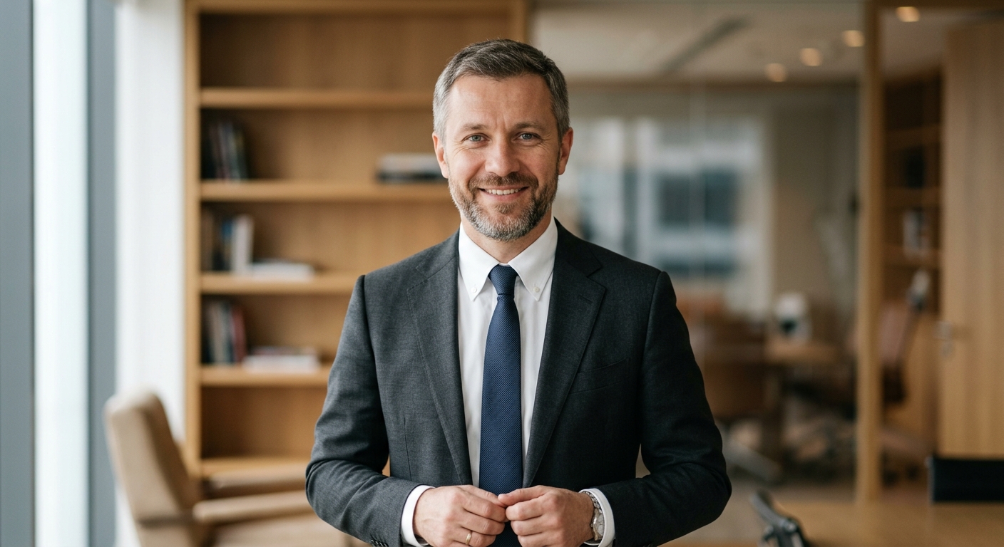 Реалистичный профессиональный портрет (лицо). Человек: Александр Коваленко. Деловой стиль, студийный свет, уютная обстановка.