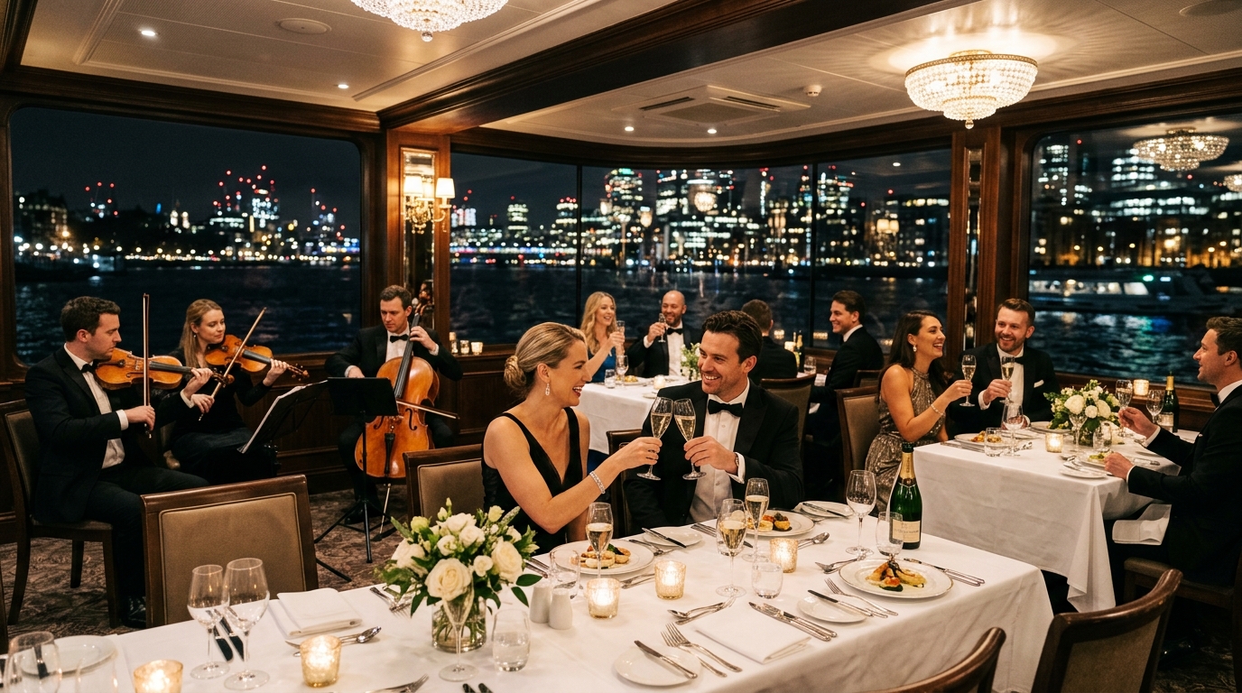 Праздничный ужин на теплоходе с гостями и живой музыкой