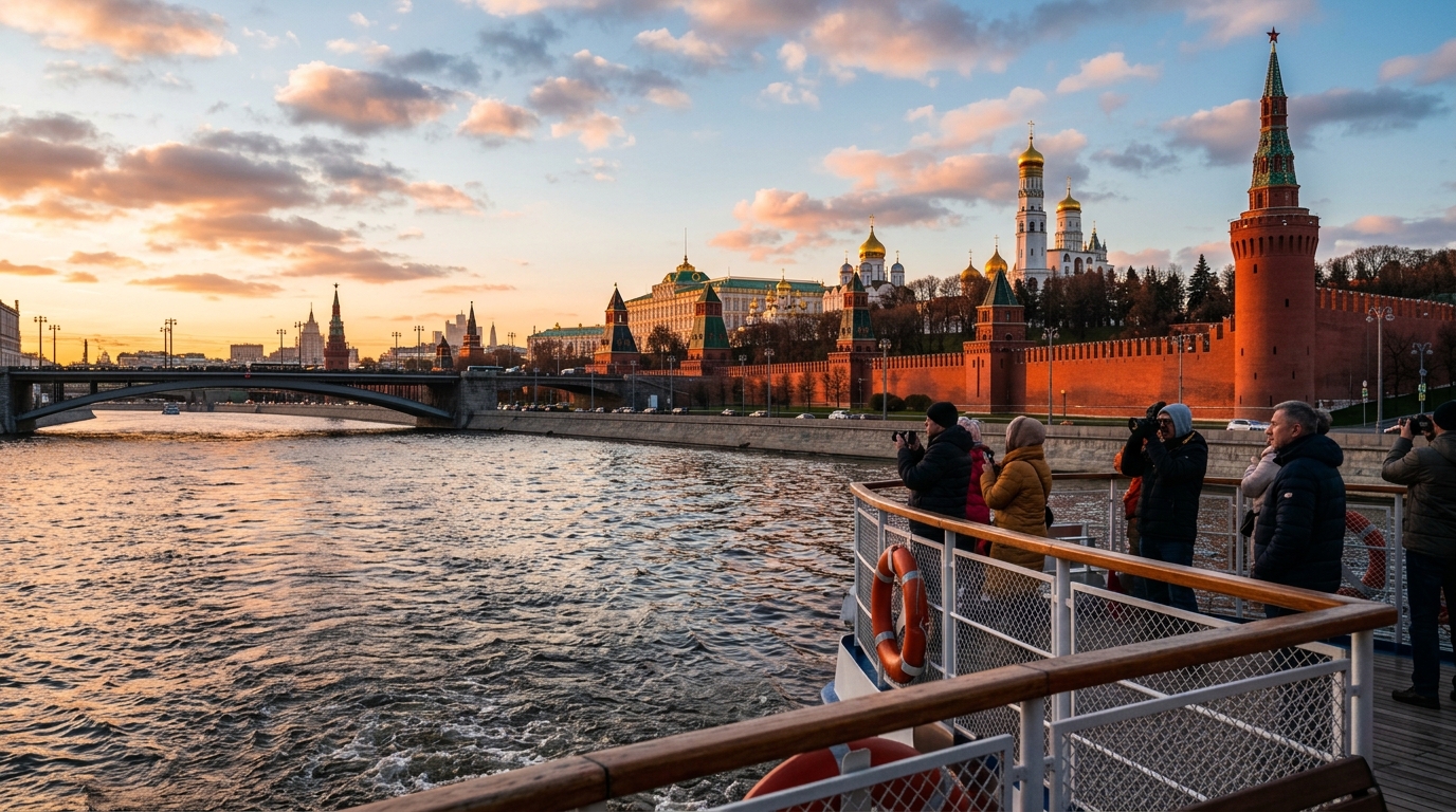 Вид на Кремль и соборы с борта катера во время речной экскурсии