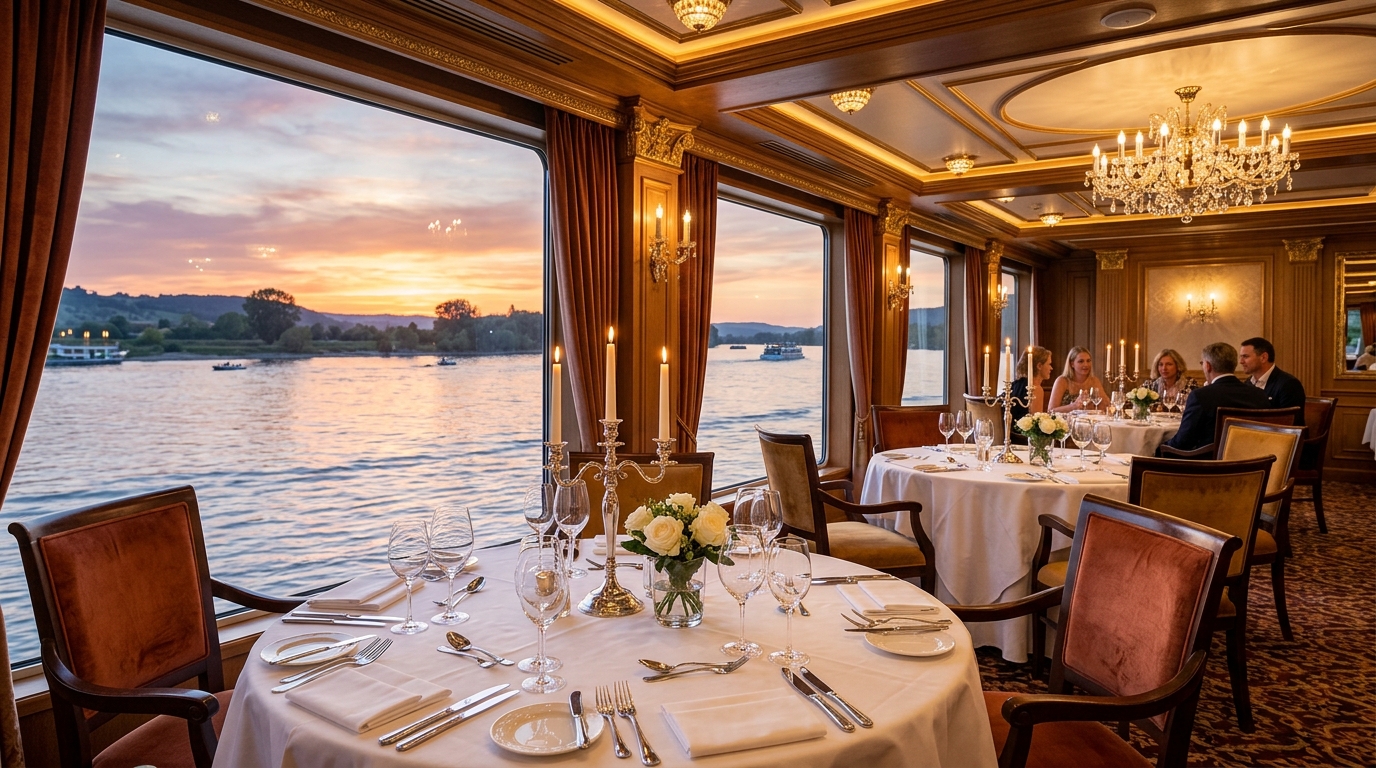 Интерьер ресторана на теплоходе с накрытыми столами и видом на реку
