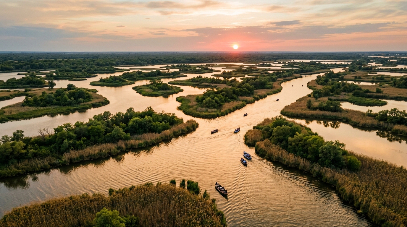Пейзаж дельты Волги в Астрахани с островами и лодками во время круиза