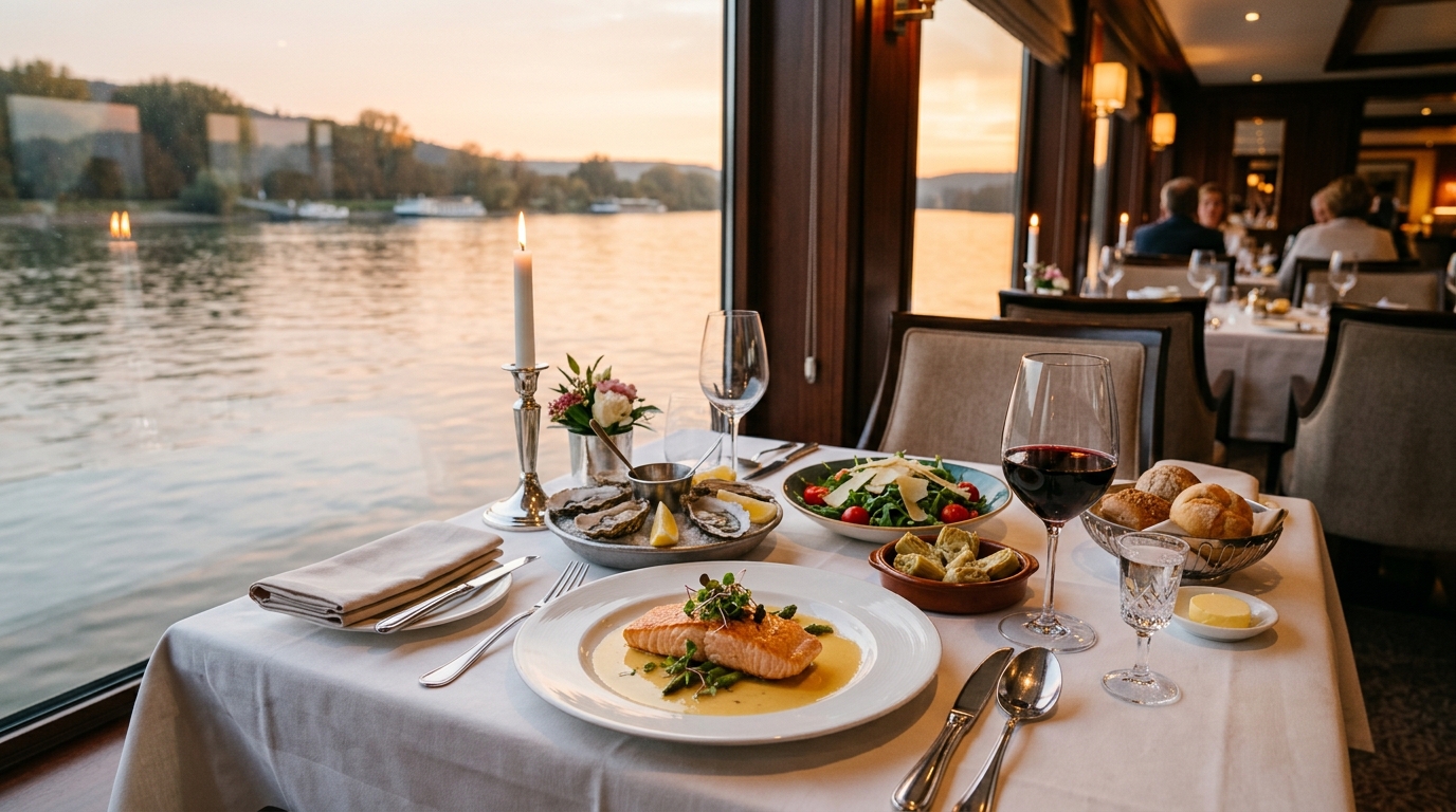 Блюда на столе в ресторане на теплоходе с видом на реку