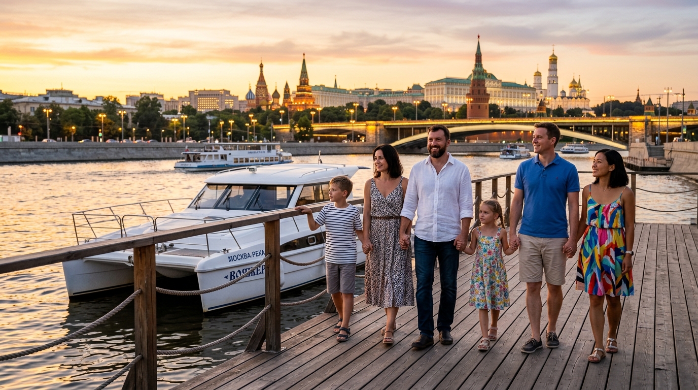 Семья россиян с иностранными гостями на прогулке по Москве-реке на закате