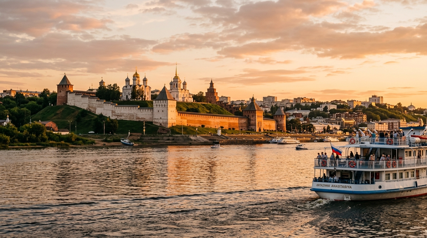 Панорама Нижегородского кремля с Волги во время речного круиза