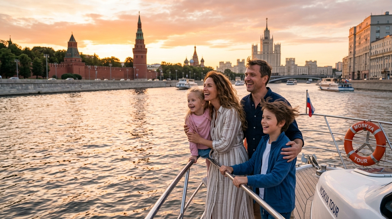 Семья на катере любуется видами Москвы-реки во время экскурсии