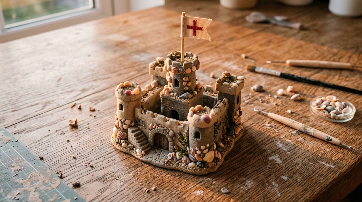 Готовая фигурка форта из полимерной глины с ракушками после мастер-класса рукодельницы