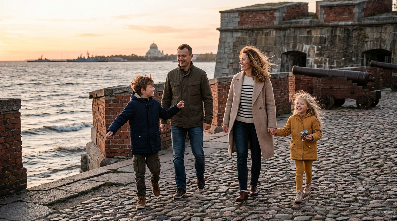 Семья гуляет по фортам Кронштадта с видом на море