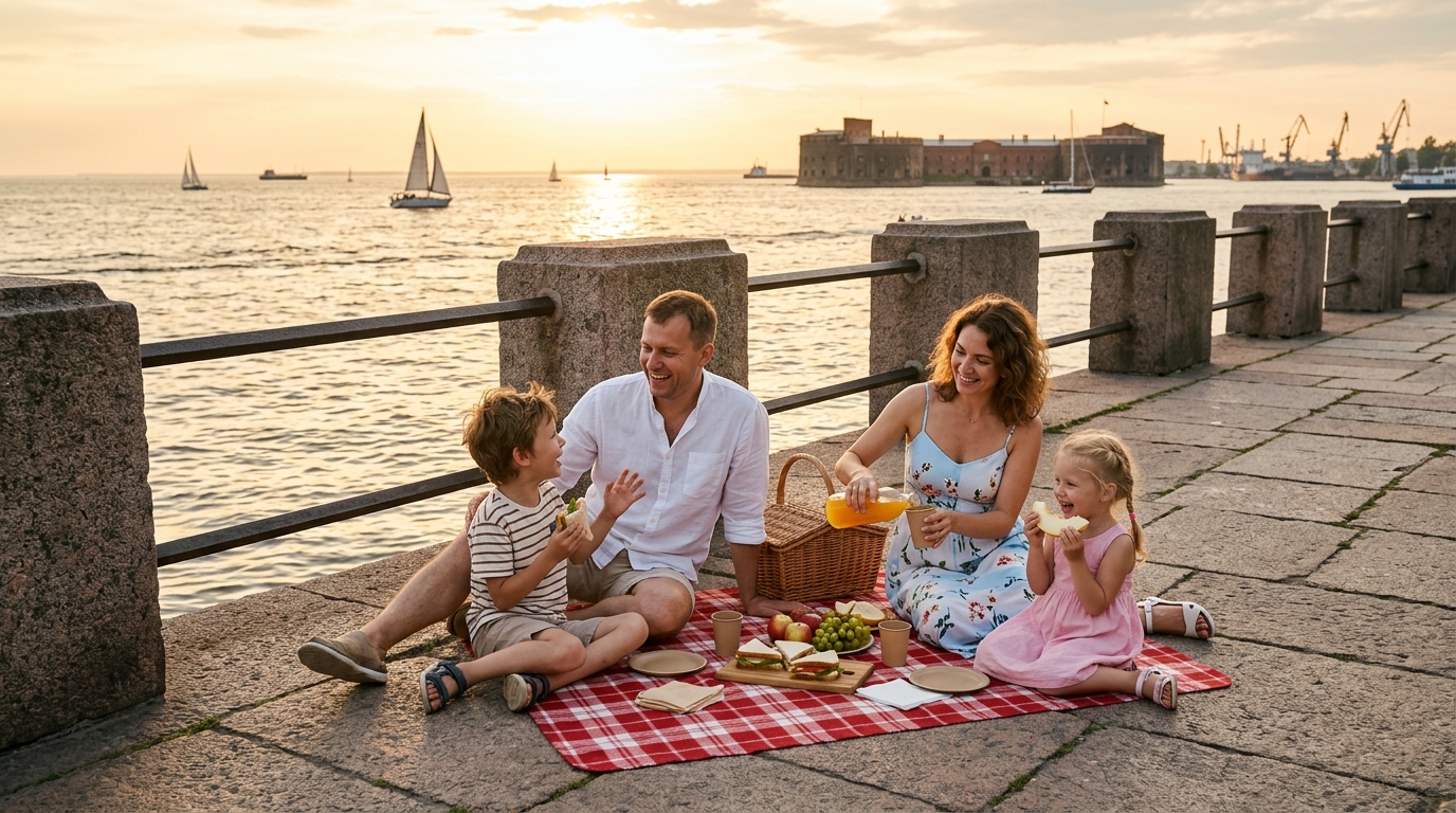 Семья устраивает пикник на набережной Кронштадта у моря
