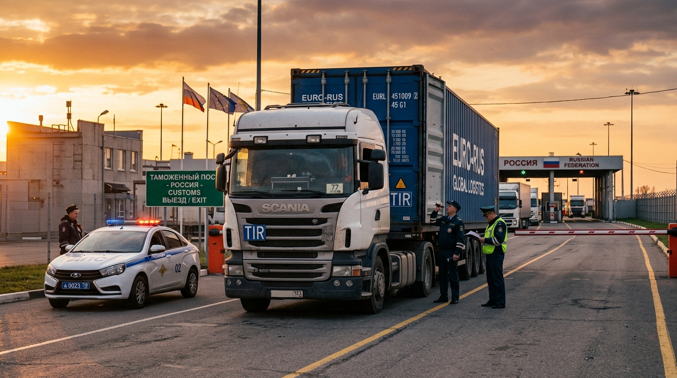 Грузовик с контейнером на границе Европы и России во время таможенного досмотра