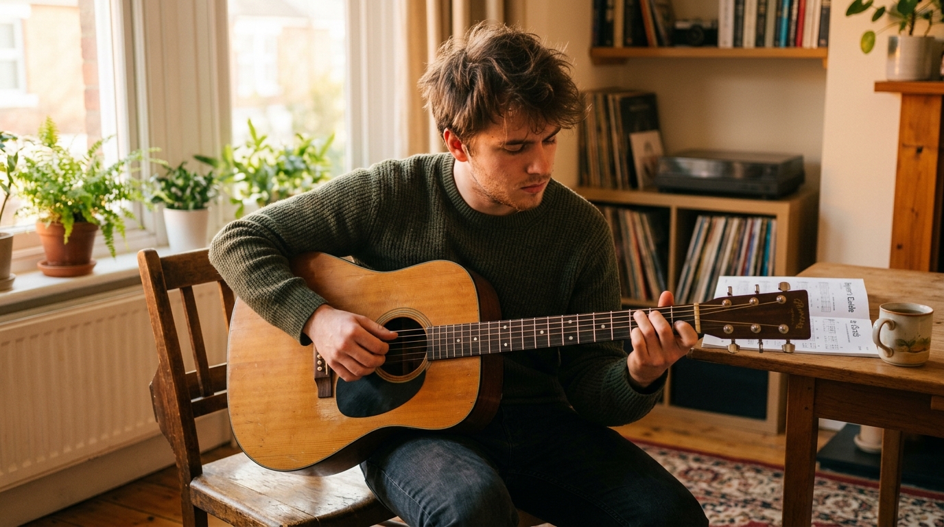 Начинающий гитарист играет простую песню с аккордами на акустической гитаре