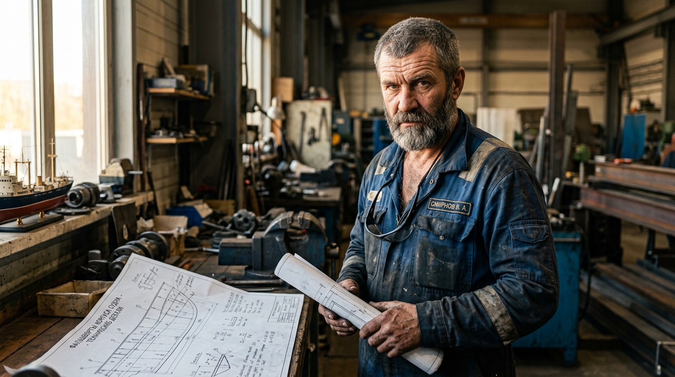Виктор Смирнов — портрет судового инженера в рабочей форме с чертежами фальшбортов
