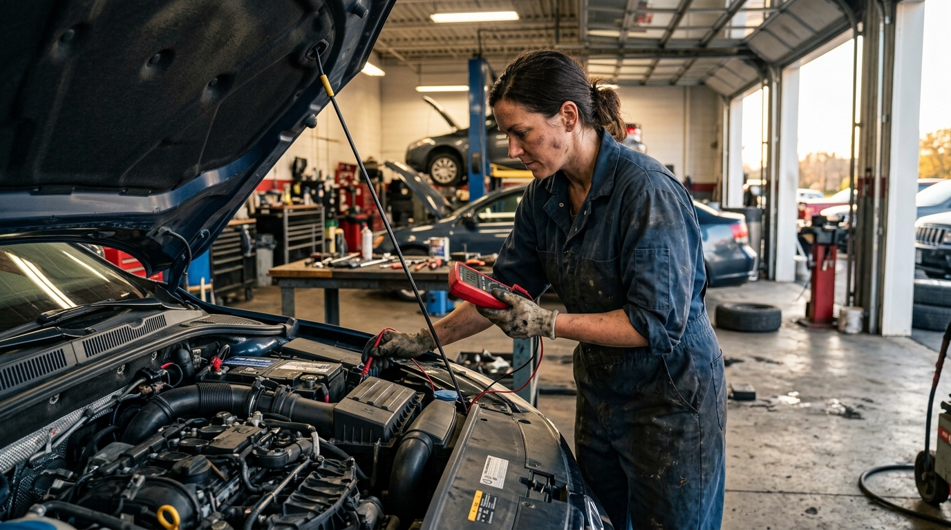 Механик проверяет напряжение автомобильного аккумулятора мультиметром в гараже