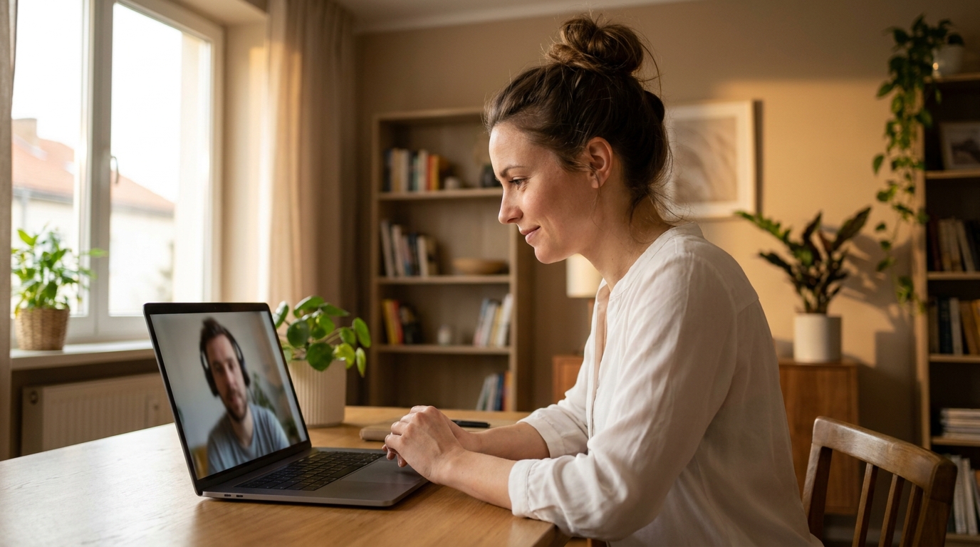 Женщина на онлайн-консультации у сексолога за компьютером в уютной комнате