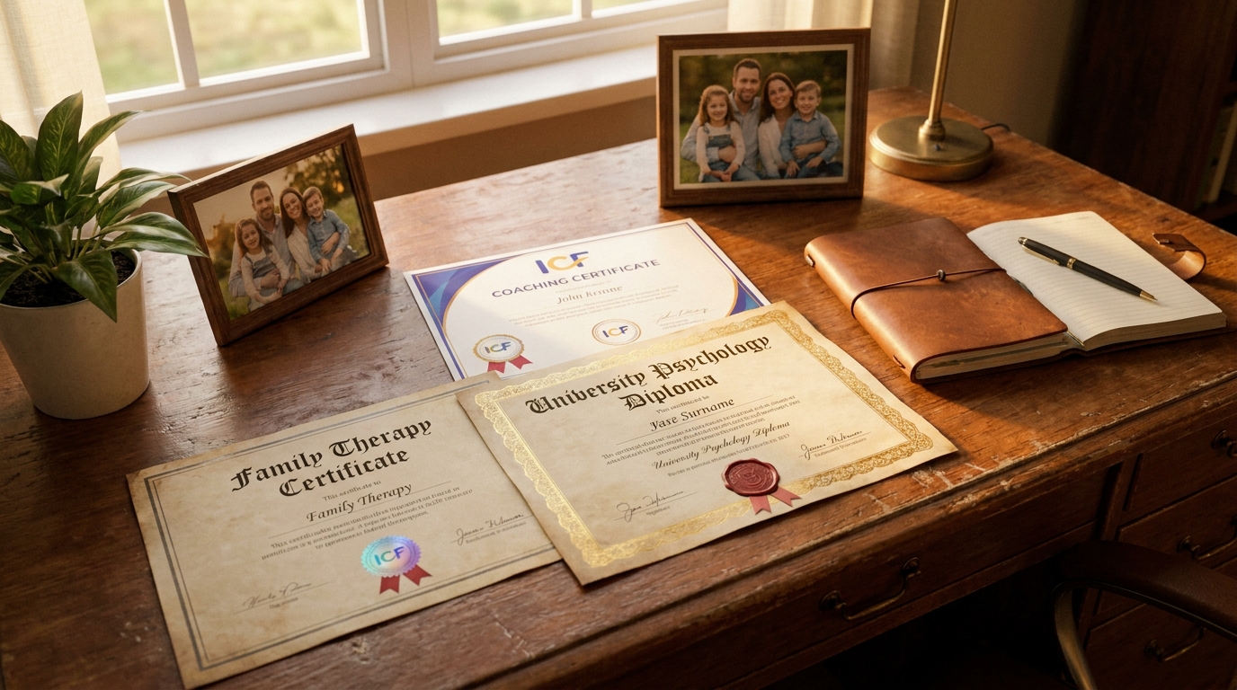 Сертификаты и дипломы семейного психолога на столе
