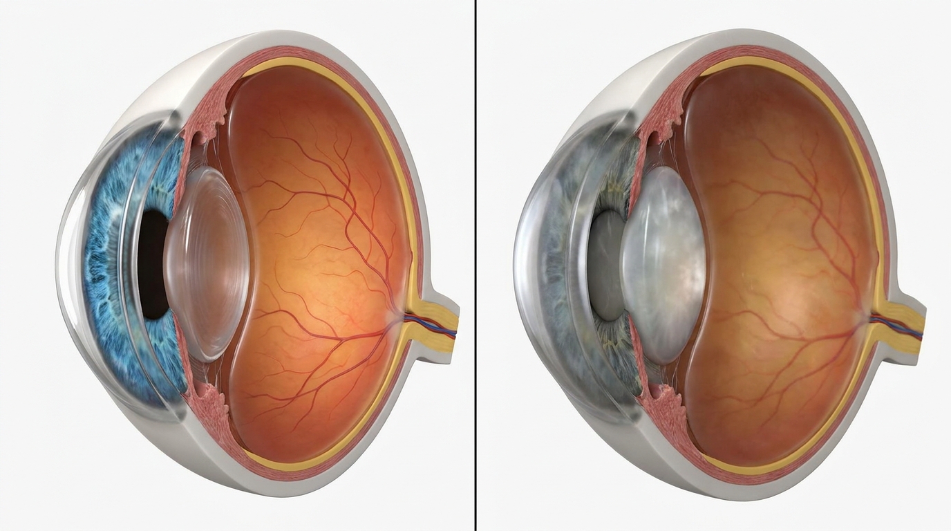 Схема здорового глаза и глаза с катарактой: сравнение прозрачного и мутного хрусталика