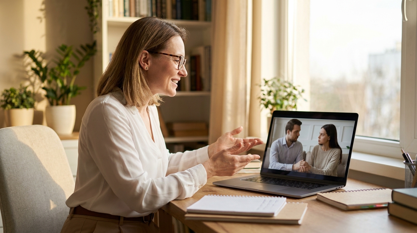 Семейный психолог проводит онлайн-сессию с парой, давая экспертные советы