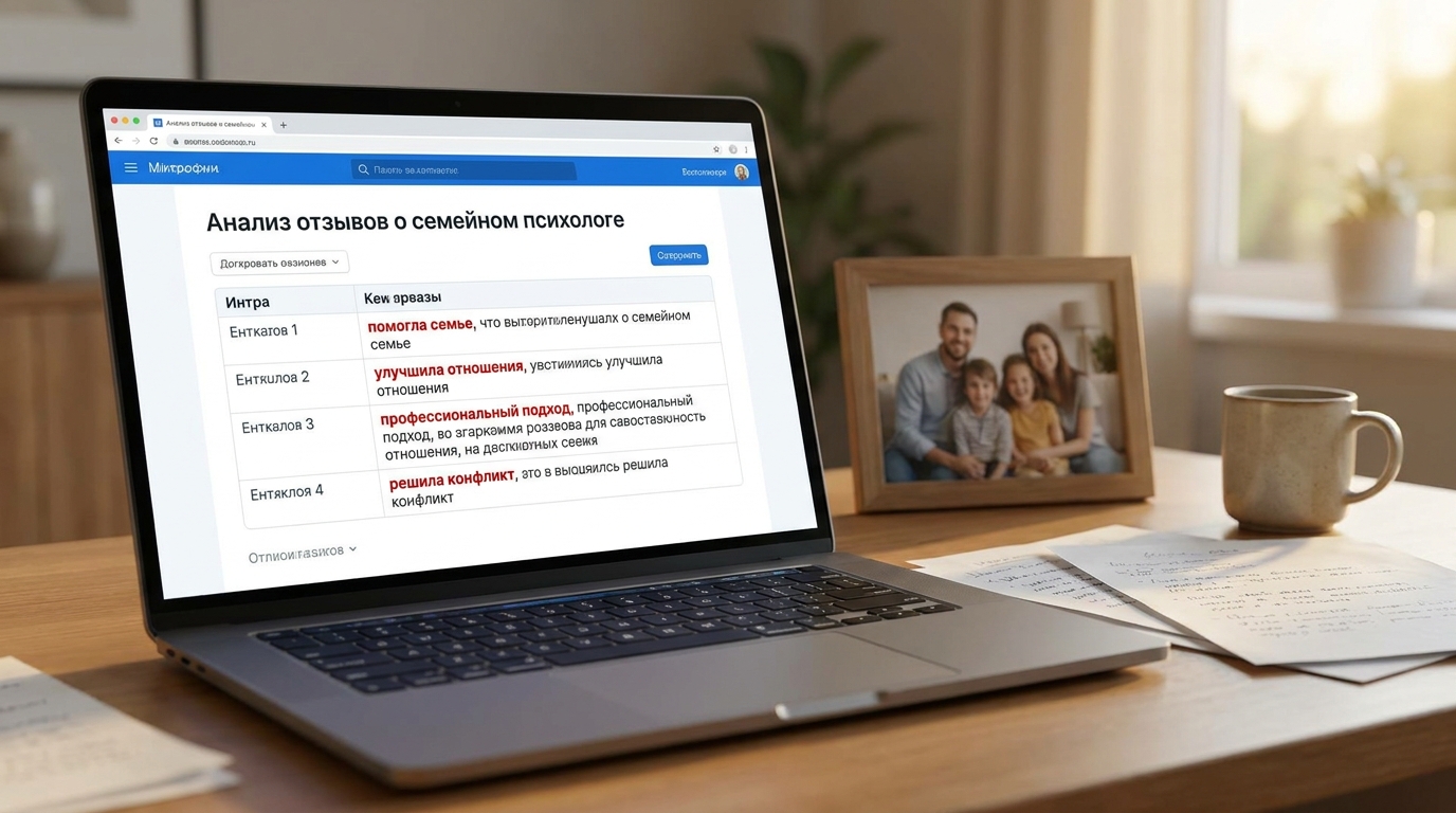 Анализ отзывов о семейном психологе на экране компьютера с выделенными ключевыми фразами