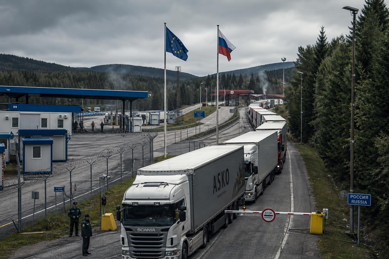 Таможенный пост на границе Европы и России с грузовиками в очереди