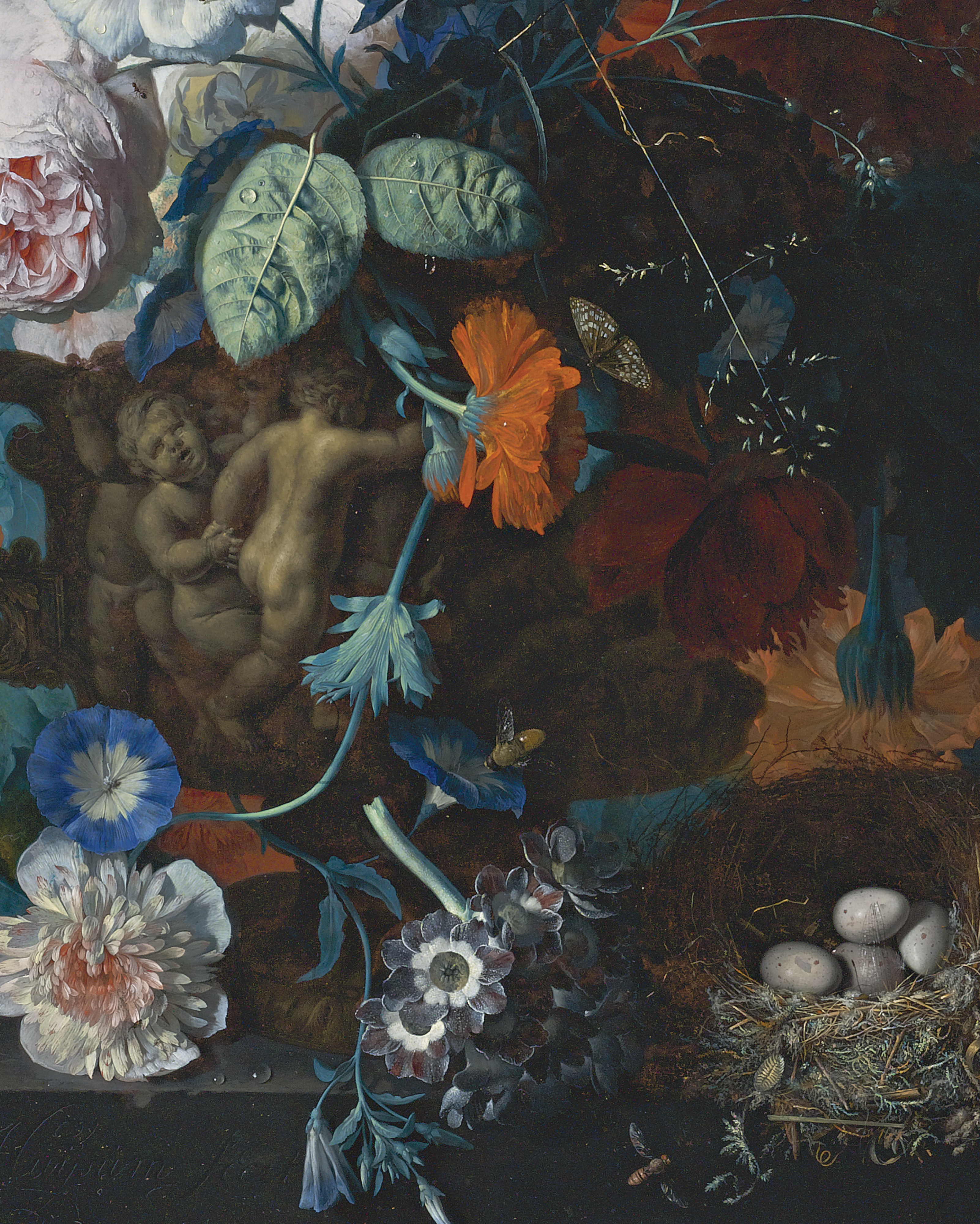 20STILL LIFE OF ROSES, TULIPS, PEONIES AND OTHER FLOWERS IN A SCULPTED STONE VASE, TOGETHER WITH A BIRD'S NEST ON A STONE PEDESTAL BEFORE A NICHE.jpg