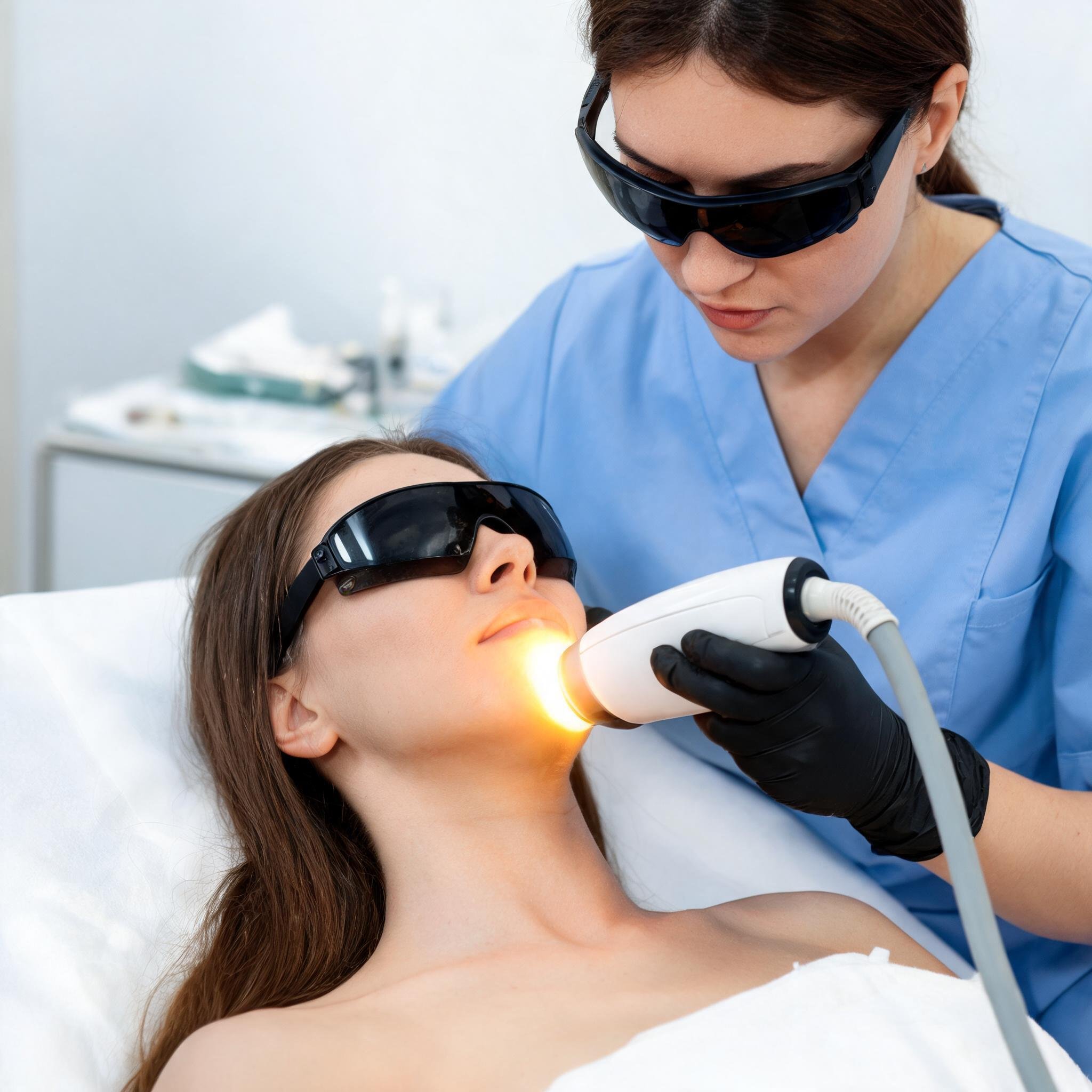 Сеанс IPL-фотоомоложения по щеке — защитные очки, профессиональная процедура