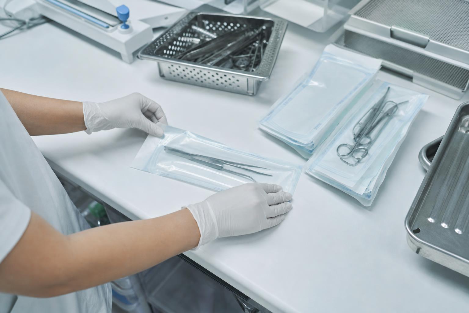 Упаковка очищенных и высушенных медицинских инструментов в стерилизационном отделении