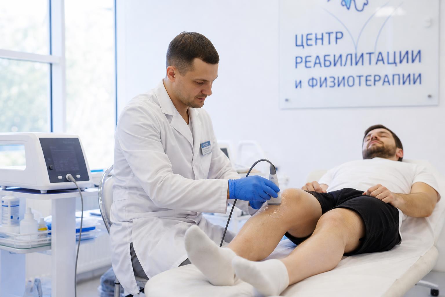 Врач-физиотерапевт проводит сеанс ультразвуковой терапии пациенту в российском реабилитационном центре