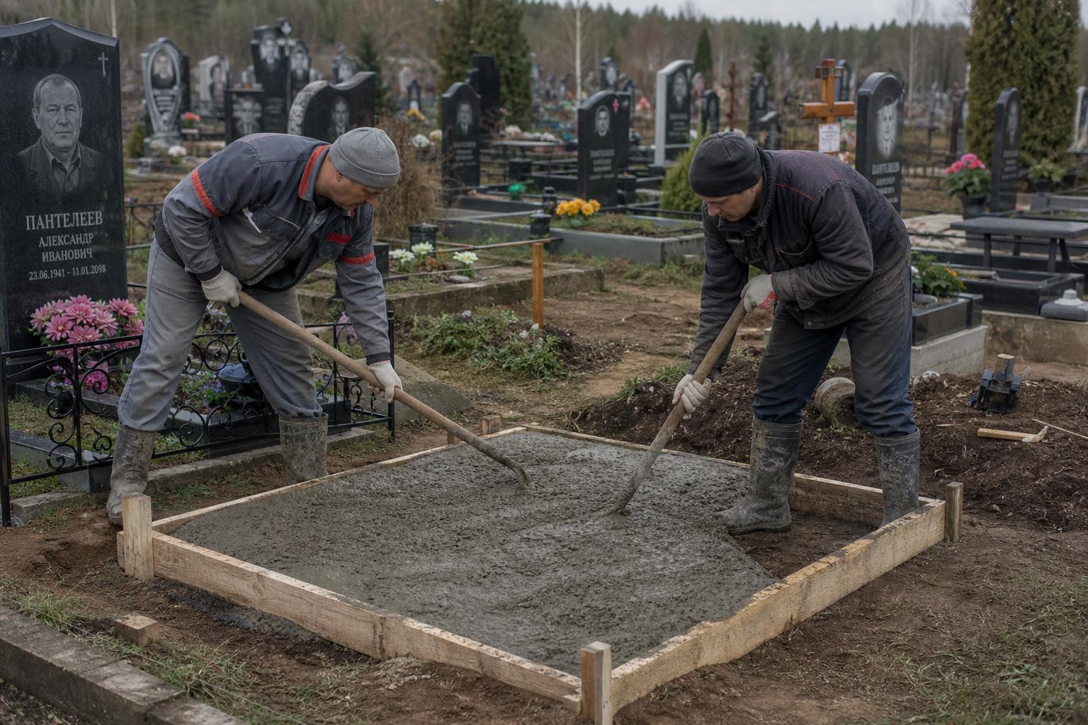 Процесс заливки фундамента под памятник на кладбище