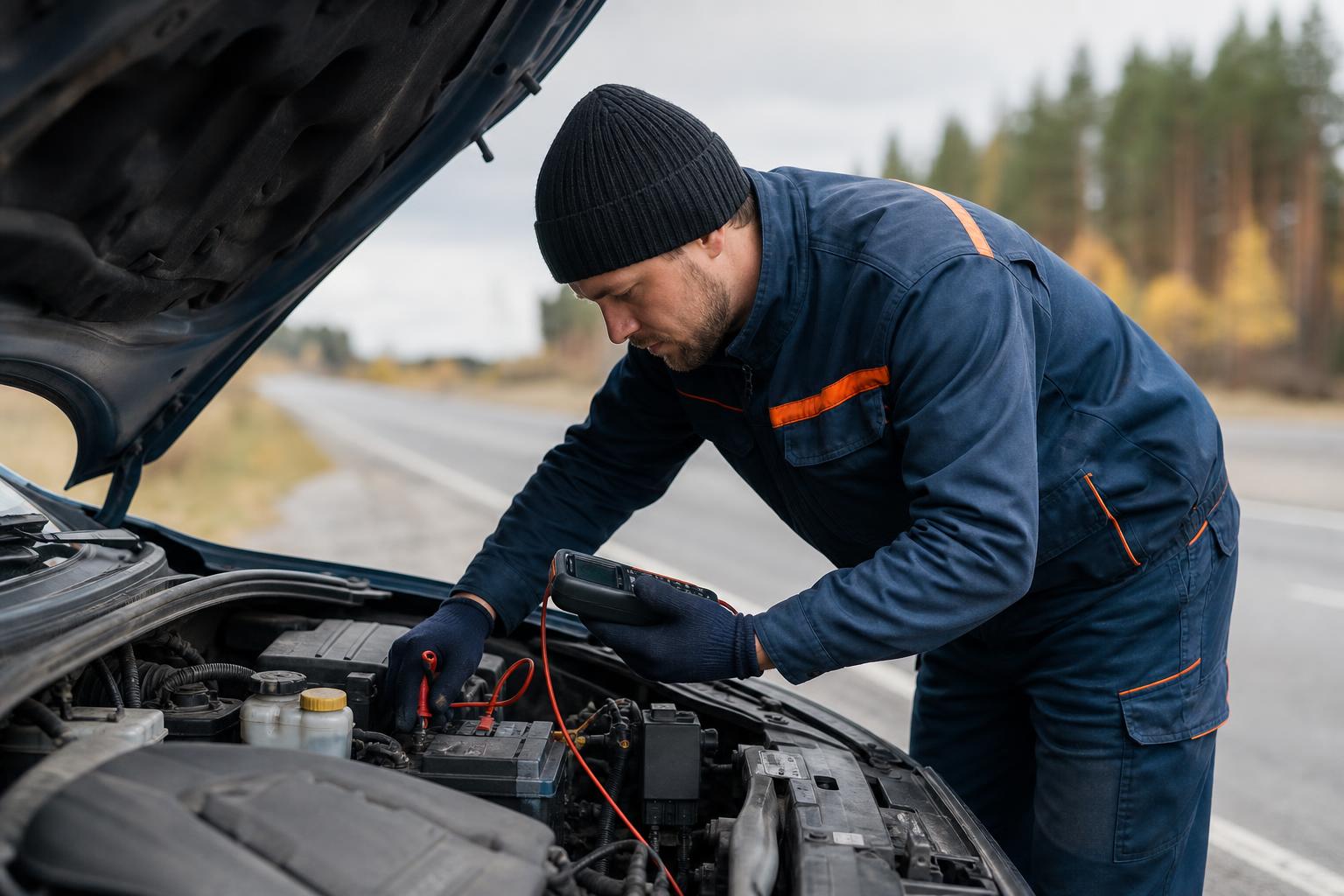 Автомеханик осматривает аккумулятор автомобиля на обочине