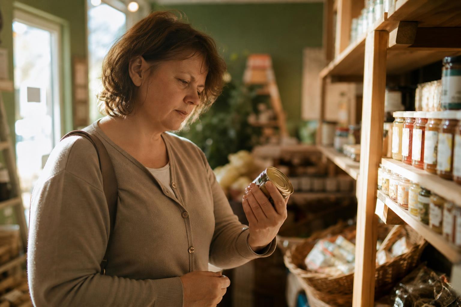 Покупатель изучает ценники на полках с продуктами в небольшом магазине