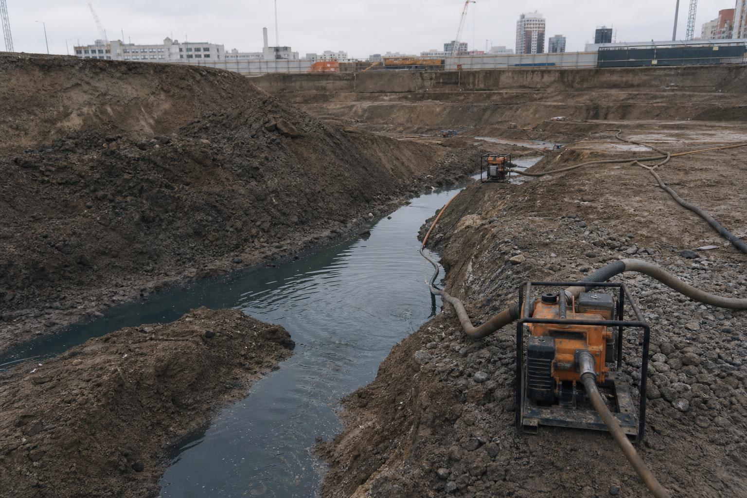 Строительный котлован с системой открытых канав и насосами для водоотлива