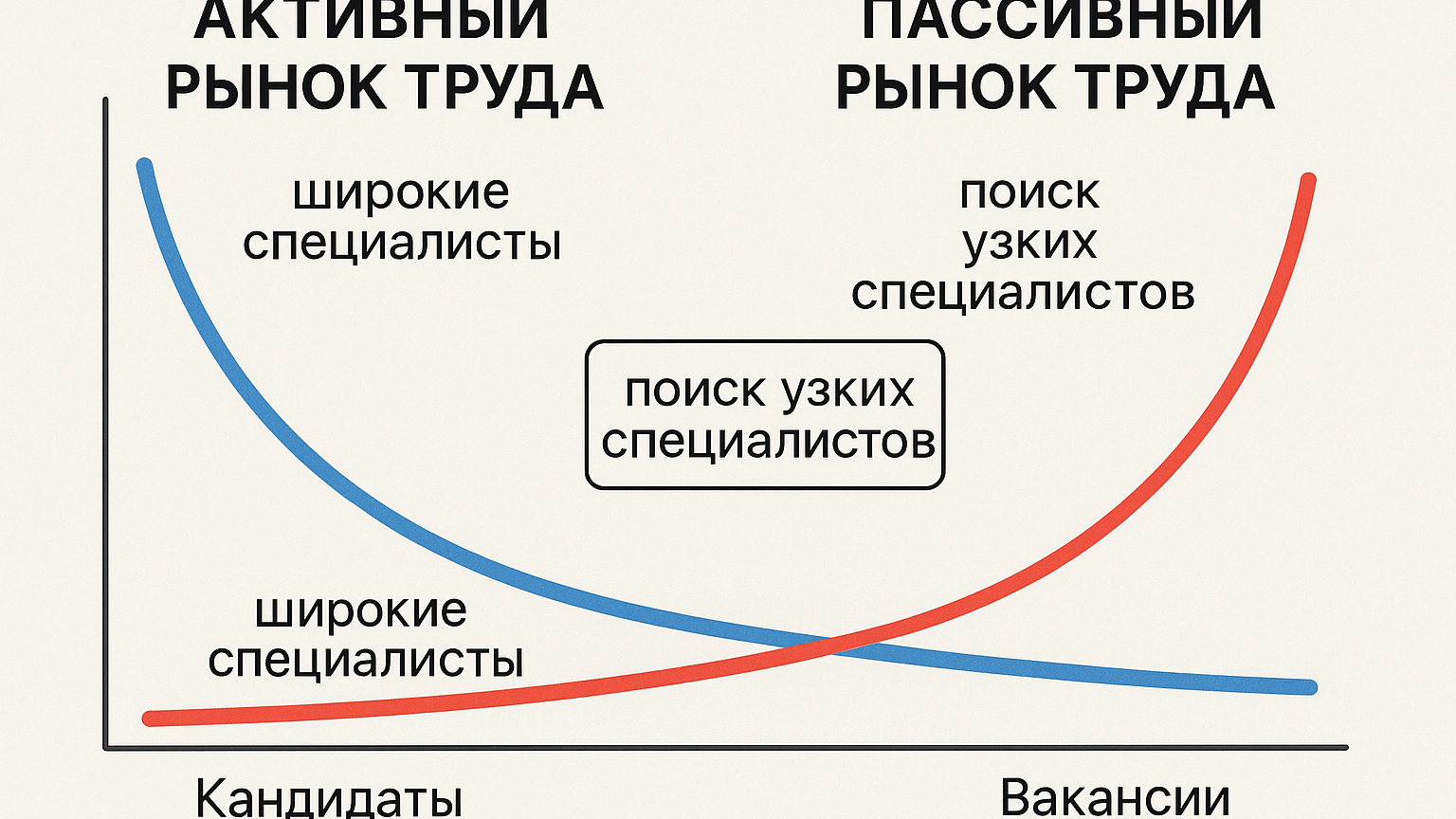 График, показывающий разницу между активным и пассивным рынком труда, с акцентом на особенности поиска узких специалистов.