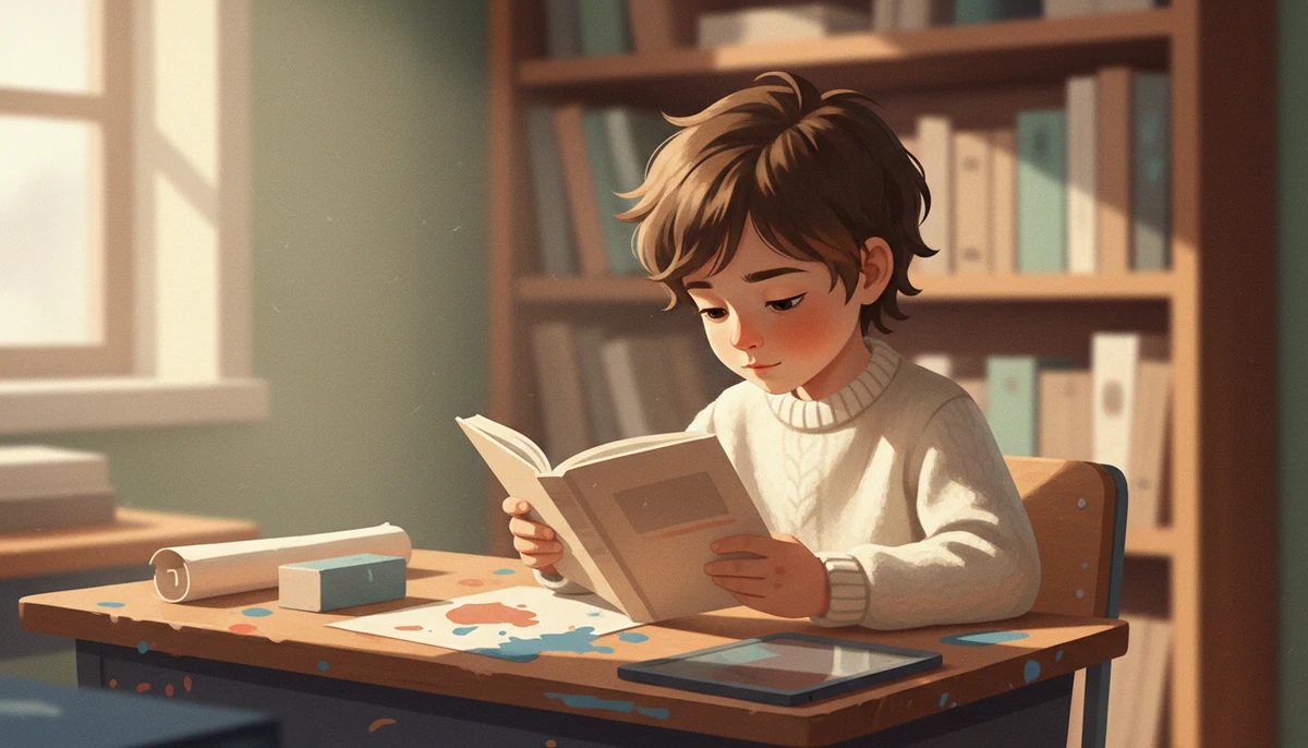 Ребёнок увлечённо читает книгу за партой